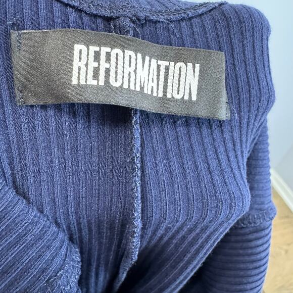 Reformation Navy Blue Ribbed Knit Square Neck Crisscross Open Back Midi Dress XS - Picture 8 of 11